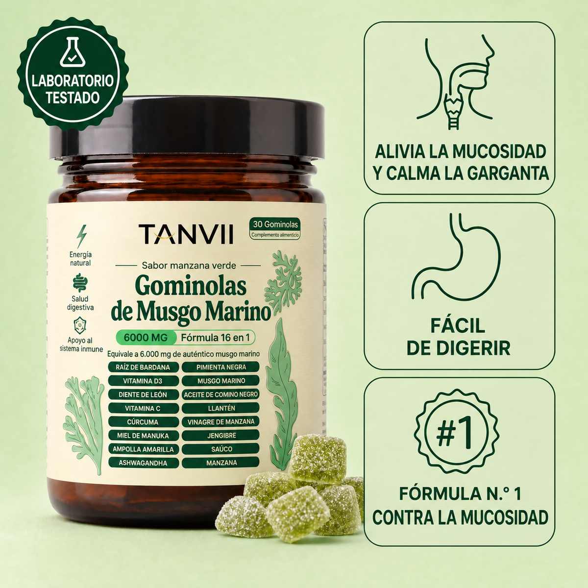 Gominolas de Sea Moss TANVII sabor manzana verde, analizadas en laboratorio